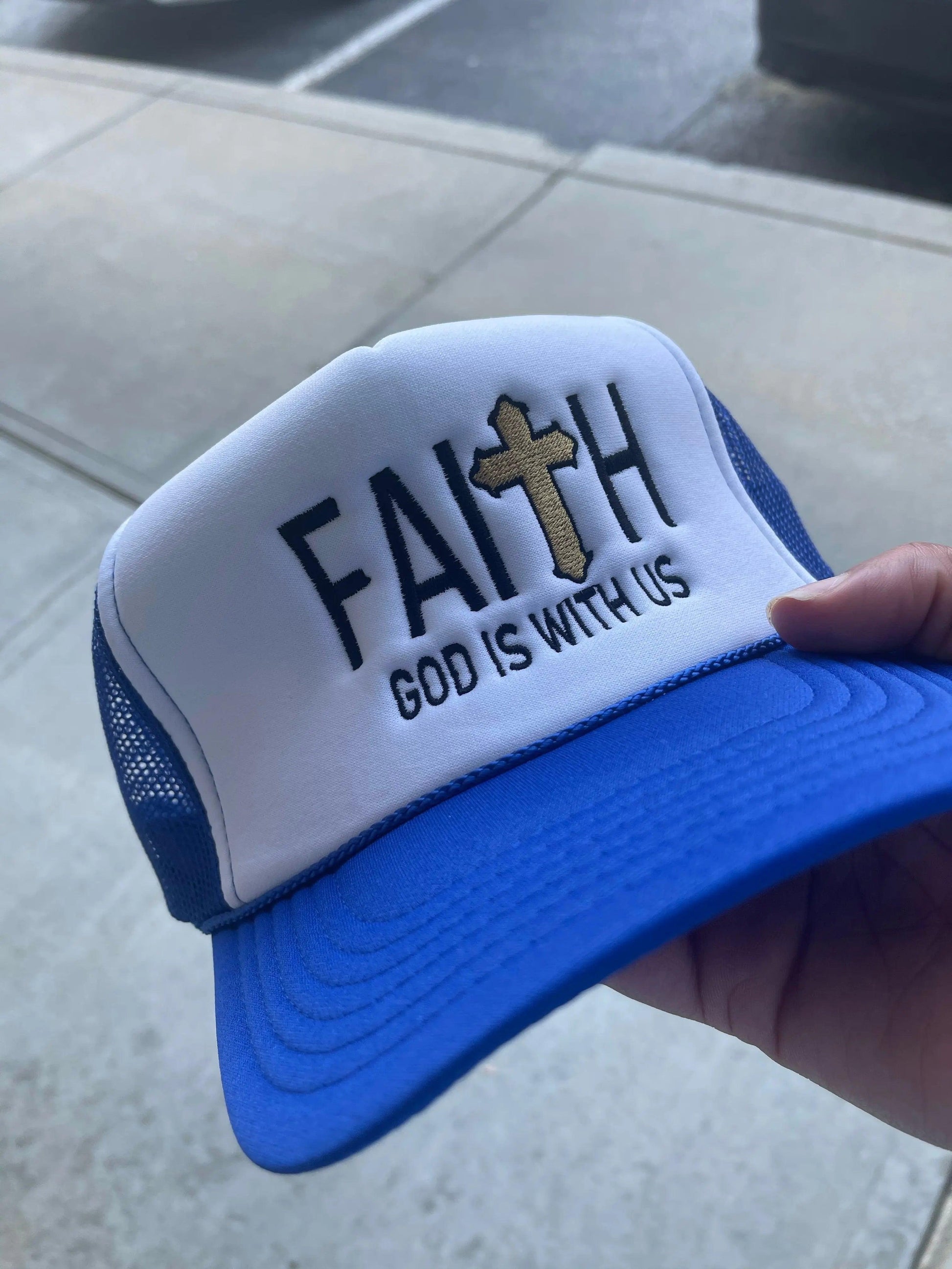 FAITH GOD IS WITH US Royal Blue Trucker Hat - Faith God is with us